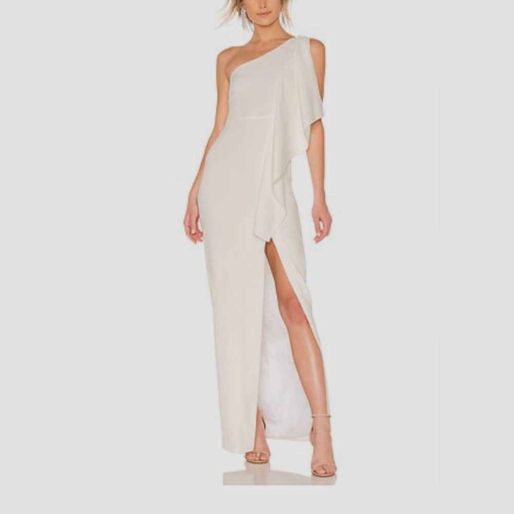 Likely Cream One-Shoulder Flutter Sleeve Gown